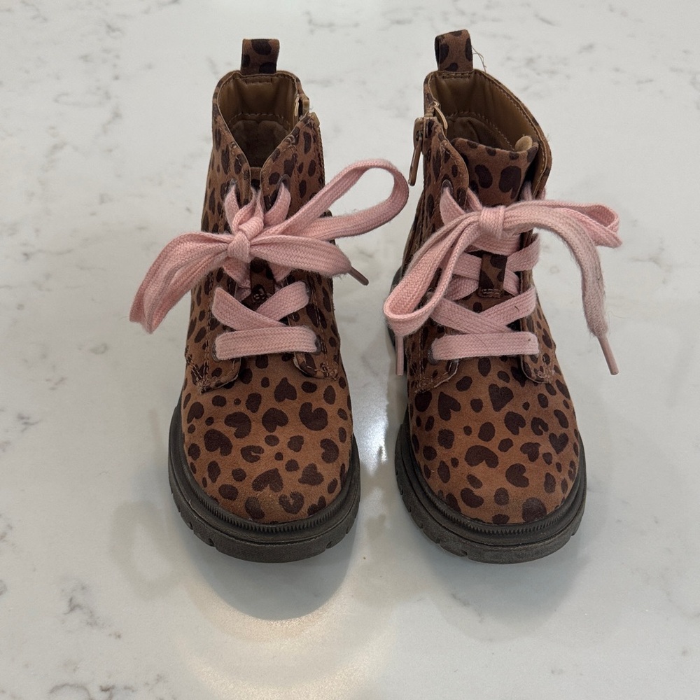 Cat & Jack Brown Leopard Print Kids Boots with Pink Laces